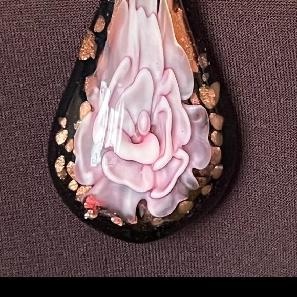 3D Pink Flower Dichroic Glass Pendant • Black & Gold • Sterling Italian Chain - Picture 2 of 14